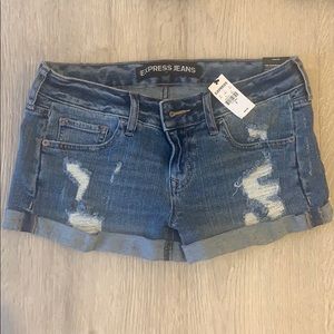 Express distressed low rise denim shorts